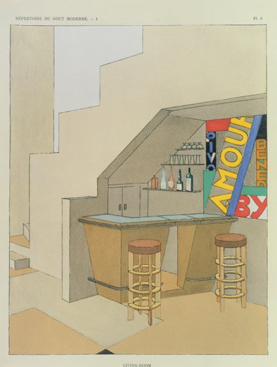 Entwurf für eine kleine Bar, aus einer französischen Innenarchitekturpublikation mit 200 Drucken, ca. 1928-29 von Georges Djo Bourgeois